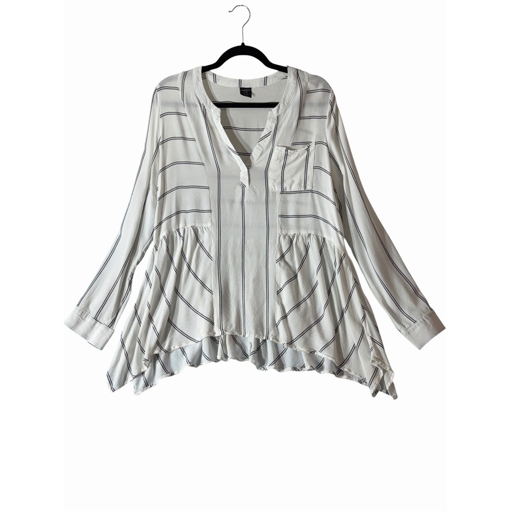 Ethereal Women's Medium Striped Tunic Blouse White Black Hi Low Ruffle Boho